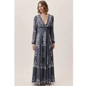 BHLDN Anthropologie Belize Gray Floral Embroidered Formal Maxi Dress